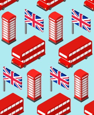 Londra deseni kusursuz. Birleşik Krallık geçmişi. Londra 'nın simgesi. Kırmızı çift katlı ve telefon kulübesi. İngiliz bayrağı ve Big Ben kulesi