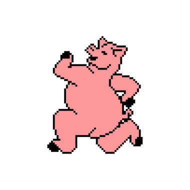 Koşan domuz pikseli sanatı. 8 bitlik domuz koşusu. pixelated Vektör illüstrasyonu