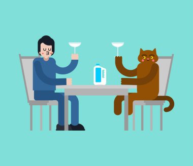 Lokantadaki aşık kedi. Sevgi dolu çift, kedi ve erkek arkadaş. Romantik bir ilişki. Hayvan Sevgisi illüstrasyonu 