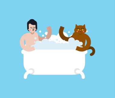 Aşk kedisi banyoda banyo yapıyor. Sevgi dolu çift, kedi ve erkek arkadaş. Romantik bir ilişki. Hayvan Sevgisi illüstrasyonu 