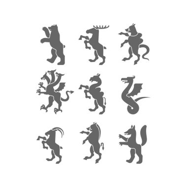Heraldik hayvan silueti. Panter, deve. Keçi, Hydra ve Enfield. Tilki, kurt ve Alphyn. Geyik, deve ve Yale. Salamndra, keçi ve Amphiptere. Fantastik Canavar. Canavara karşılık arma. Heraldry tasarım ögesi