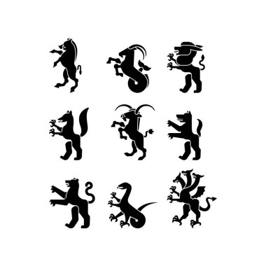 Heraldik hayvan silueti. Panter, deve. Keçi, Hydra ve Enfield. Tilki, kurt ve Alphyn. Geyik, deve ve Yale. Salamndra, keçi ve Amphiptere. Fantastik Canavar. Canavara karşılık arma. Heraldry tasarım ögesi
