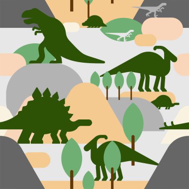 Dinozor desenleri kusursuz. Dino geçmişi. Dinozorlar ve antik peyzaj dokusu. Bebek kumaşı süsü.