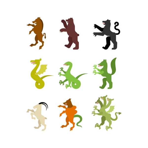 Ensemble Animal Héraldique Sanglier Ours Panthère Amphiptère Salamandre Chèvre Hydra — Image vectorielle