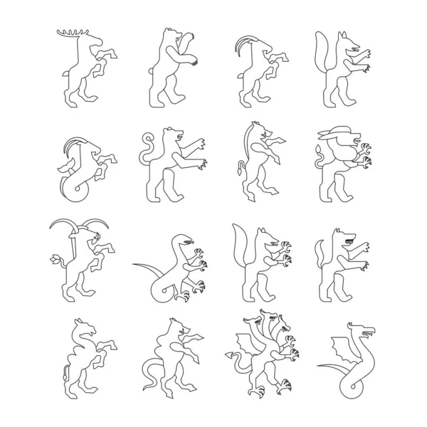 Ensemble Animal Héraldique Style Linéaire Panthère Chameau Chèvre Hydra Enfield — Image vectorielle