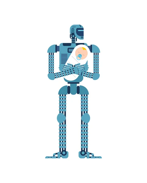 Robot Niñera Aislado Cyborg Sosteniendo Bebé Niñera Del Futuro — Vector de stock