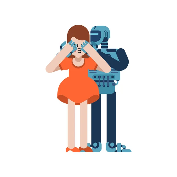 Amantes Juego Robot Cierra Los Ojos Por Detrás Pareja Cariñosa — Vector de stock