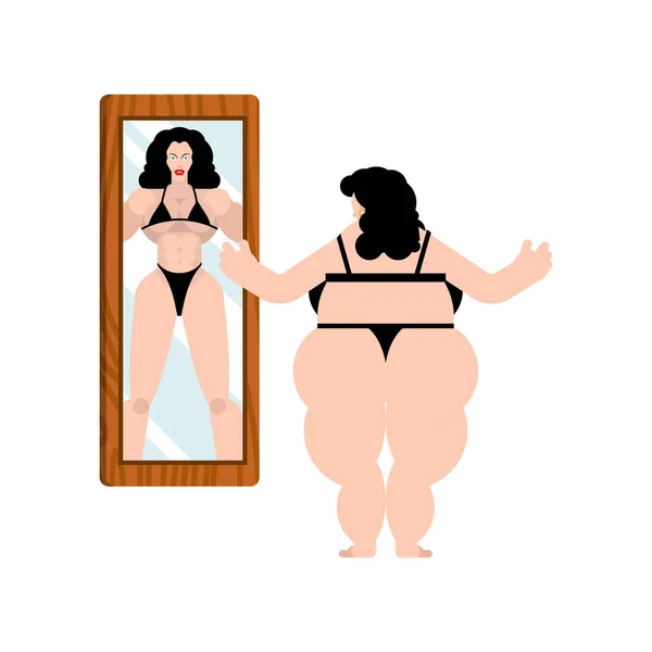 Fat Woman Looks Mirror Sports Reflection Mirror — Stock Vector
