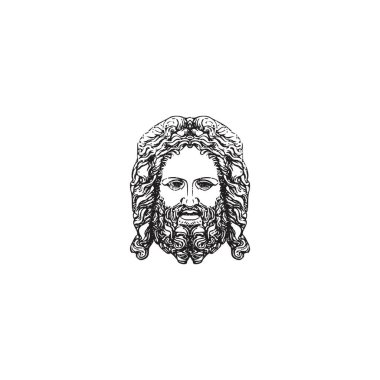 Zeus Triton Neptün gibi, giysi ve moda logosu tasarımı için sakal ve bıyıklı Antik Yunan Tanrı Heykeli Filozof Yüzü.