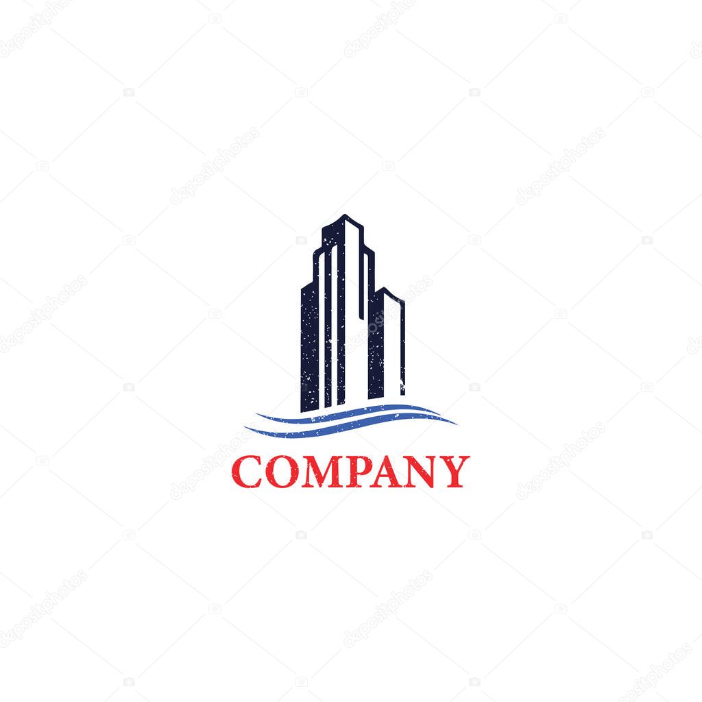 Vintage Blue Building Logo applied for company logo design inspiration.