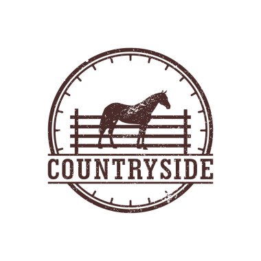 Eski moda kırsal kırsal batı çiftlik çiftlik logosu tasarımı için ahşap çitlerin arkasındaki siluet.