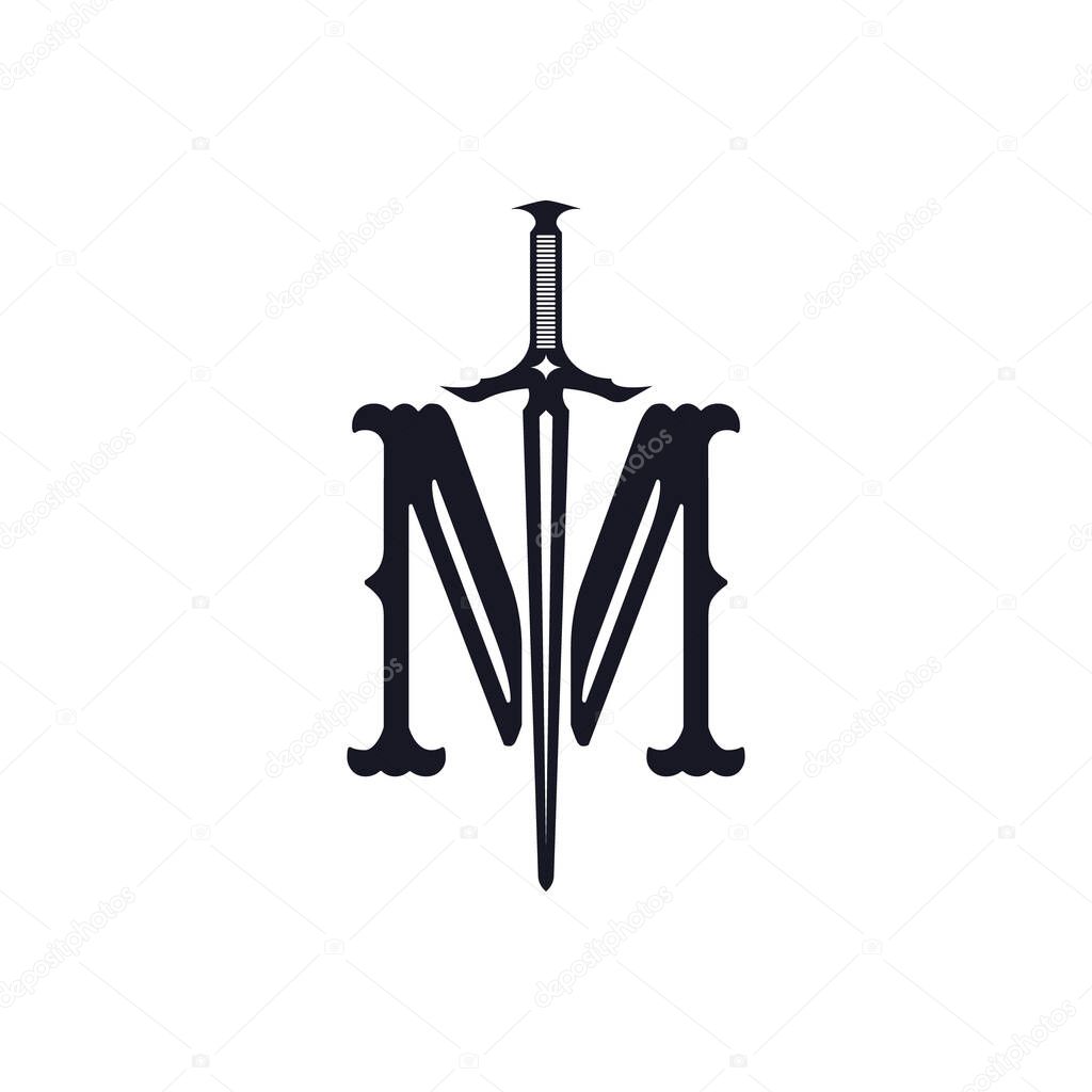 Initial letter IM logo with a sword that represents the letter I applied for finance and business logo design or any business that shows power and strength