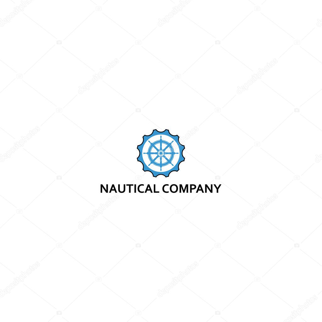 nautical maintenance service logo design inspired from blue ship wheel steering isolated with abstract blue gear also suitable for marine industry logo design inspiration