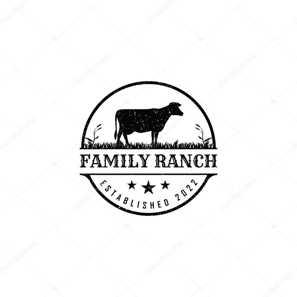 Retro vintage farm cattle Angus livestock logo design vector in black circle shape suitable for farm and ranch logo