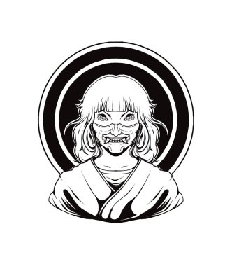 Onili Japon Kız kırmızı ay siluetinde maske çizimi