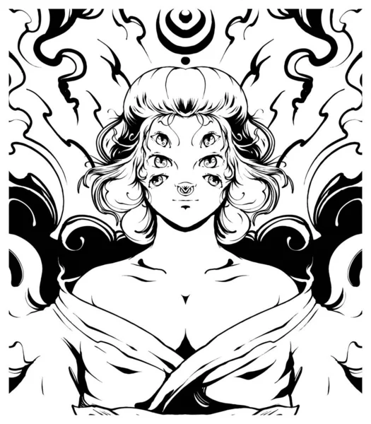 Японская Девушка Демон Шестью Глазами Иллюстрации Искусства Силуэт — стоковый вектор
