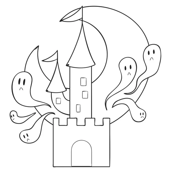 Κάστρο Πύργους Και Σημαίες Στο Φόντο Του Φεγγαριού Πολλά Φαντάσματα — Διανυσματικό Αρχείο