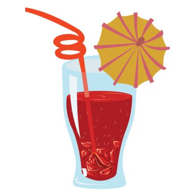 Kırmızı kaz içeceği, kokteyl kamışı ve şemsiyeli cam bardak. Vektör stok illüstrasyonu beyaz arkaplanda izole edildi.