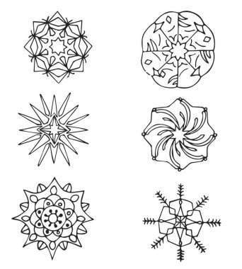 Doodle tarzı kar taneleri seti. Yılbaşı ve Noel tatilleri için vektör stoku çizimi.