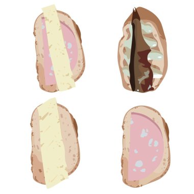 Beyaz ekmek, peynir, sosis ve konserve balıktan yapılmış dört sandviç. Vektör stok illüstrasyonu beyaz arkaplanda izole edildi.