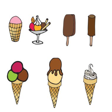Çizgi film tarzında dondurma. Dondurmayı toplarda, külahlarda, raflarda, bardaklarda ve kaselerde düşündüm. Meyve, çikolata, bisküvi ve waffle ile süslenmiş. Vectonray hisse senedi çizimi.