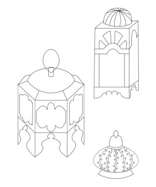 Beyaz bir arka planda iç doğulu Arap Fas feneri. Üçlü set. Doodle tarzı. Vektör hisse çizimi izole edildi.