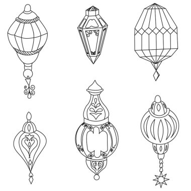 İç mimari Arap morokoan geleneksel feneri, 6 parçadan oluşuyor. Doodle tarzı. Vektör hisse çizimi izole edildi