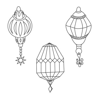 İç mimari Arap morokoan geleneksel feneri, 3 parçadan oluşuyor. Doodle tarzı. Vektör hisse çizimi izole edildi