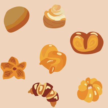 Taze hamur işleri: ekmek, kraker, kruvasan. Kusursuz desen. Vektör stok illüstrasyonu.