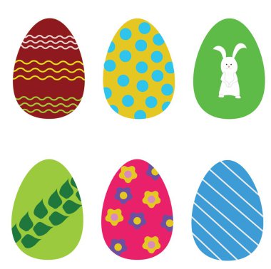 Noktalar, çizgiler, yapraklar ve çiçeklerden oluşan parlak renkli yumurtalar. Paskalya. Çizgi film. Vektör illüstrasyonu beyaz arkaplanda izole edildi.
