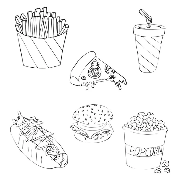 Φαγητό Του Δρόμου Fast Food Icons Set Τηγανητές Πατάτες Χάμπουργκερ — Διανυσματικό Αρχείο