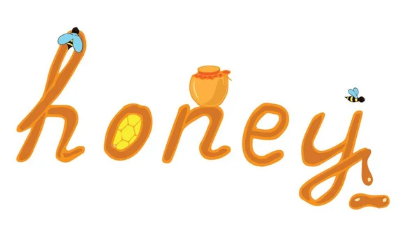 Word Honey Lettering Honeycombs Bees Jar Honey Drop Flowing Letter — Stock Vector