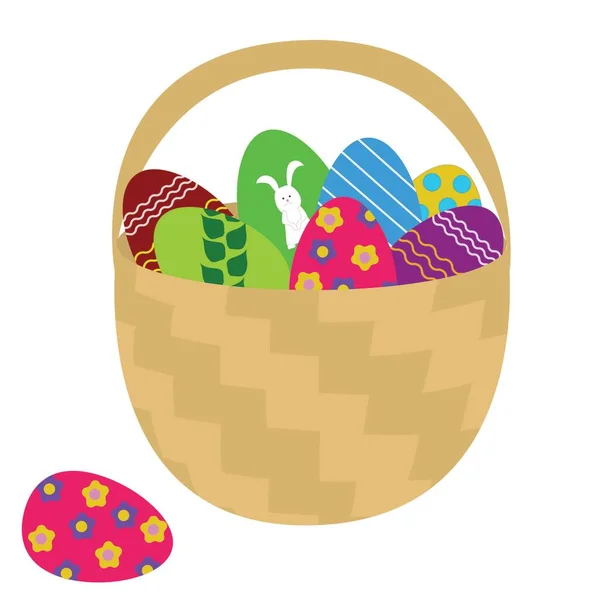 Basket Full Bright Multi Colored Eggs Patterns Dots Stripes Leaves — Stock Vector