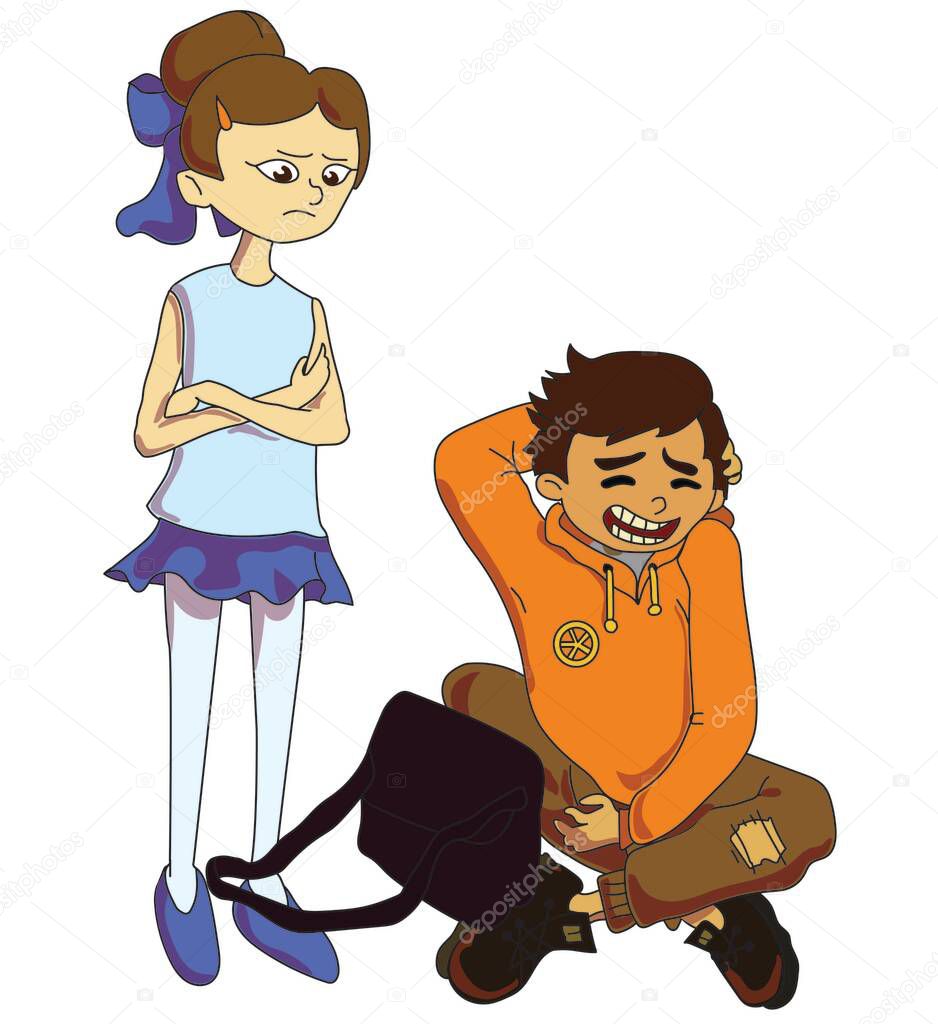 The girl looks accusingly at the boy, and the boy sits on the floor, embarrassed. Cartoon. Vector illustration isolated on white background.