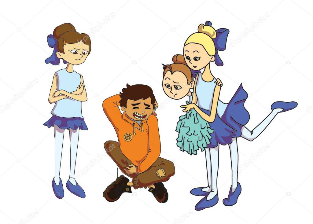 The girl looks accusingly at the boy, and the boy sits on the floor, embarrassed. The other two girls look at the boy in surprise. Cartoon. Vector illustration isolated on white background.