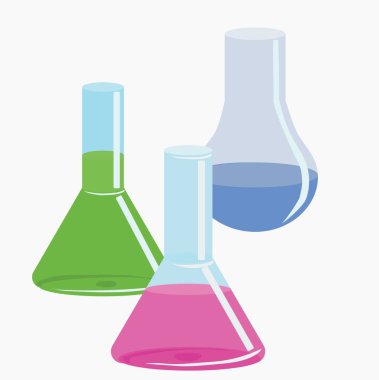 Açık yeşil, pembe renkli, mavi sıvılı cam kimyasal mataralar. Laboratuvar, tıp, kimya, ilaç. Vektör stok illüstrasyonu beyaz arkaplanda izole edildi.