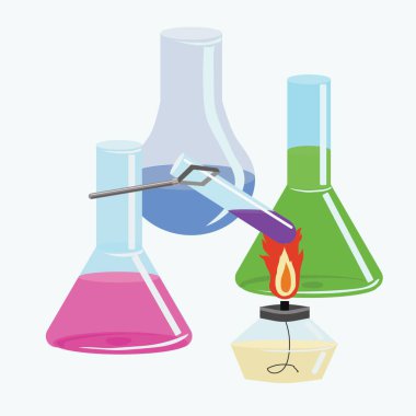 Açık yeşil, pembe renkli, mavi sıvılı cam kimyasal mataralar. Tutacağında bir test tüpü, yanan bir ocağın üstünde. Laboratuvar, tıp, kimya, ilaç. Vektör stok illüstrasyonu beyaz arkaplanda izole edildi.
