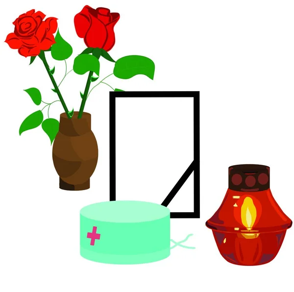 Zwei Rosen Einer Vase Ein Schwarzer Trauerrahmen Mit Schleife Eine — Stockvektor