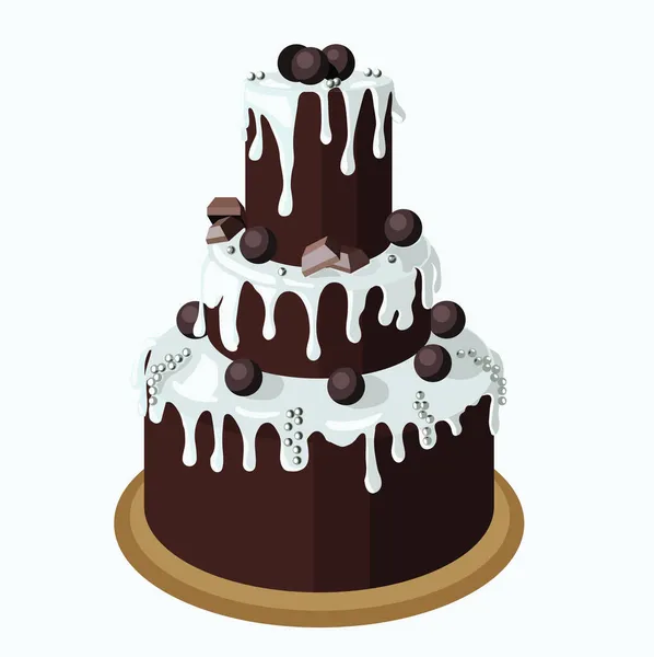 Large Three Tiered Brownie Chocolate Cake Garnished White Gonache Chocolates — Stock Vector