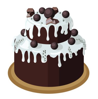 Beyaz ganache, çikolata ve gümüş şekerli toplarla süslenmiş iki katlı çikolatalı büyük kek. Stok vektör illüstrasyonu beyaz arkaplanda izole edildi.
