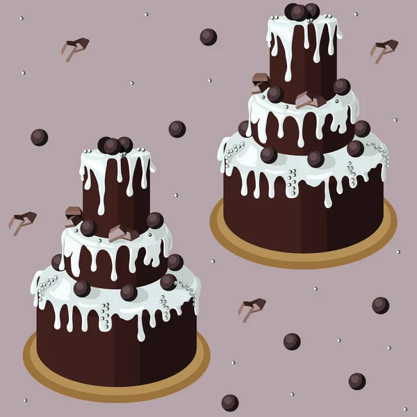 白霜降り チョコレートと銀砂糖ボールで飾られた大きな3層のチョコレートケーキ 淡いピンクの背景 シームレスなパターン ベクターストックイラスト — ストックベクタ