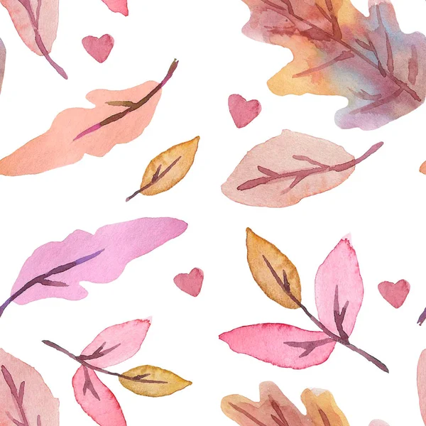 Watercolor autumn leaves seamless pattern. Hand-drawn autumn multicolored leaves. Dry leaves, acorns, heart and pumpkin pattern in watercolor. Autumn pattern. Pattern in warm colors. Holidays.