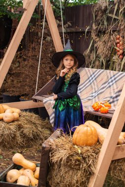 Cadılar bayramında sonbaharda dürtülmüş cadı kostümlü mutlu bir kız.