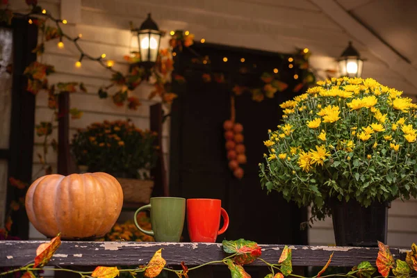 Autumn Mood Combination Autumn Colors Cups Tea Pumpkin Preparing Halloween — Stock Photo, Image