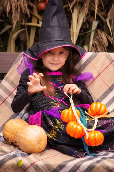 Felice Ragazza Costume Strega Con Colpetto Autunno Halloween — Foto Stock