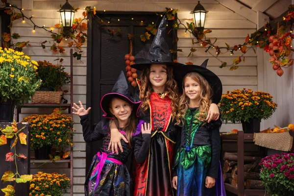 Cadı Kostümlü Mutlu Kızlar Cadılar Bayramı Balkabağıyla Kutluyor — Stok fotoğraf