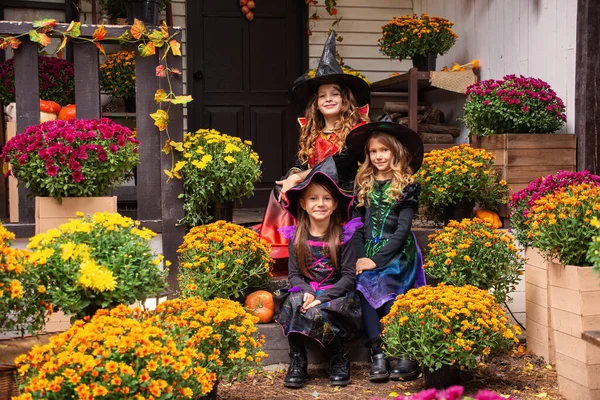 Šťastné Dívky Kostýmech Čarodějnice Slaví Zábavu Halloween Dýní — Stock fotografie