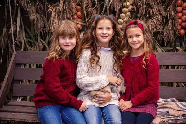 Tre Bambine Con Coniglio Tra Braccia Autunno Nel Parco — Foto Stock