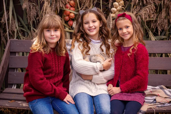 Tre Bambine Con Coniglio Tra Braccia Autunno Nel Parco — Foto Stock