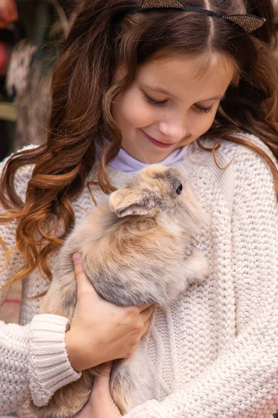 Nettes Mädchen Mit Einem Hasen Auf Dem Arm Herbst Park — Stockfoto